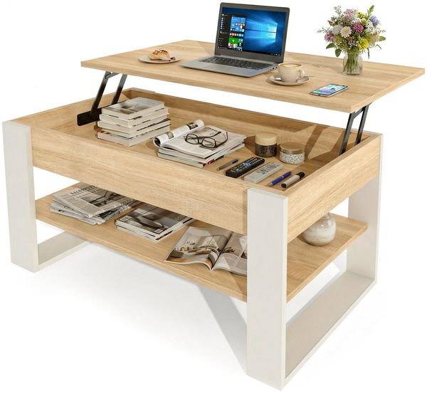 TREND WERK Couchtisch Lift-Couchtisch höhenverstellbar Sofatisch 92×54 cm mit Stauraum, verstecktem Fach Wohnzimmertisch Holz modern