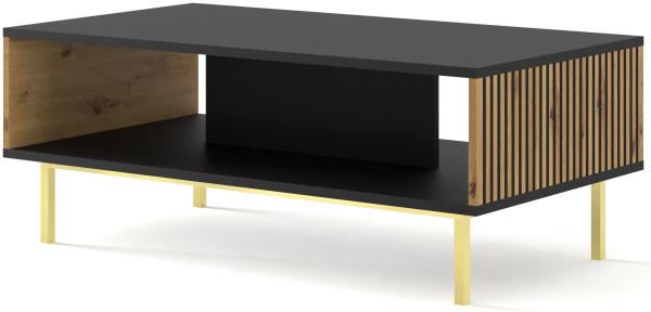 Domando Couchtisch Montegrotto Modern Breite 90cm, besondere Fräsoptik, goldenes Gestell in Schwarz Matt Artisan Eiche und Goldgestell