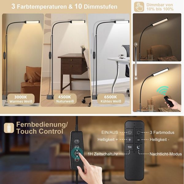MUPOO LED Stehlampe 120 LED Standleuchten mit Fernbedienung,Schlanke LED Leselampe Stehend, Helligkeit und Farbtemperatur Einstellbar,Höhenverstellbare