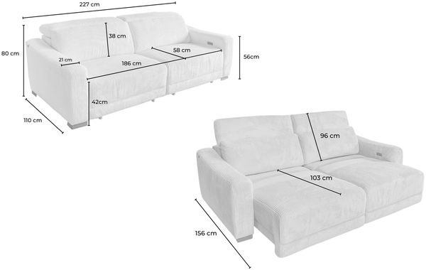 KAWOLA Big Sofa KIANA 3-Sitzer Funktionssofa Kopfstütze verstellbar Cord beige 80 x 110 x 227 cm Bild 10