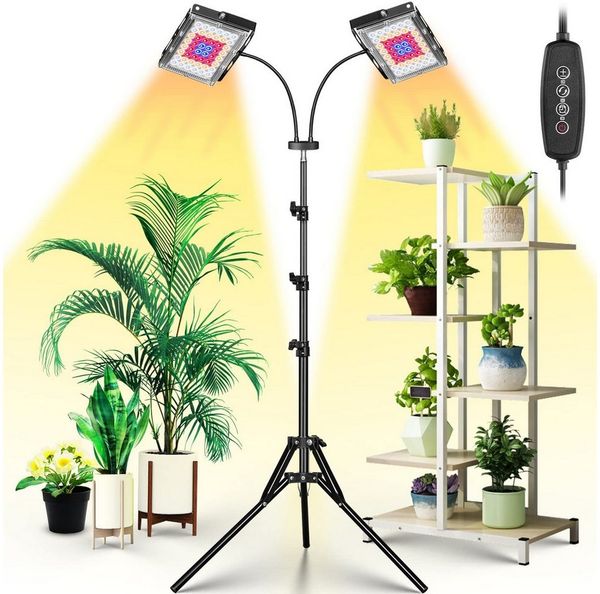 LMaxhome Pflanzenlampe LED Vollspektrum Dimmbar Pflanzenlicht mit Ständer für Zimmerpflanzen, Zwei Lampen, 1/2/3 Köpfe, Auto Timer 3/6/12H, 6 Modi Helligkeit, Höhenverstellbar