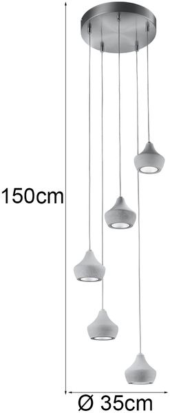LED Pendelleuchte 5-flammig Metall Silber, Schirme Beton, Ø 35cm Bild 4