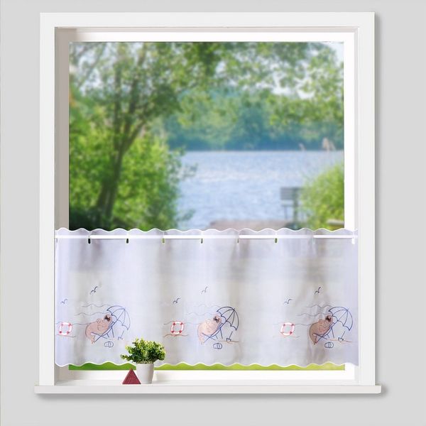 heimtexland Scheibengardine Badezimmer Deko Gardine maritim bestickt 45x112 cm (1 St), Ösen, transparent, Voile, Bistrogardine I farbige Stickerei I Fensterdeko Seehund