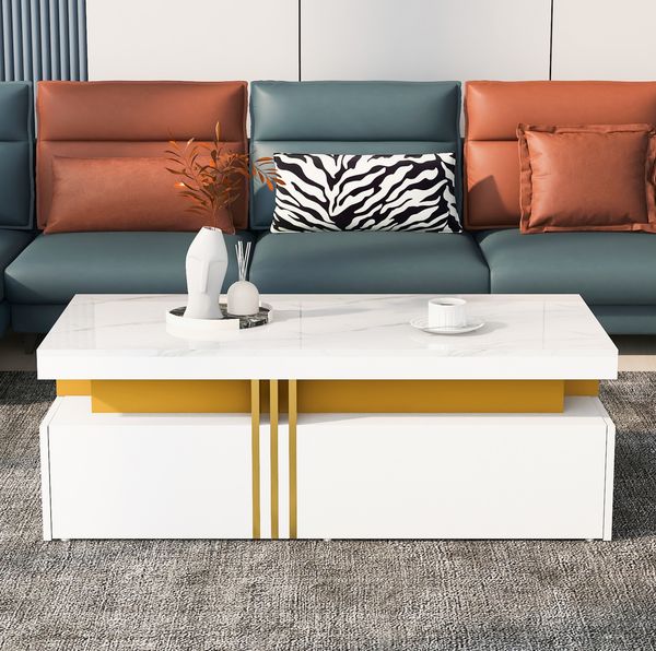 Couchtisch 100x50x40 cm mit Marmorplatte, 2 Schubladen & Goldleiste in Weiß