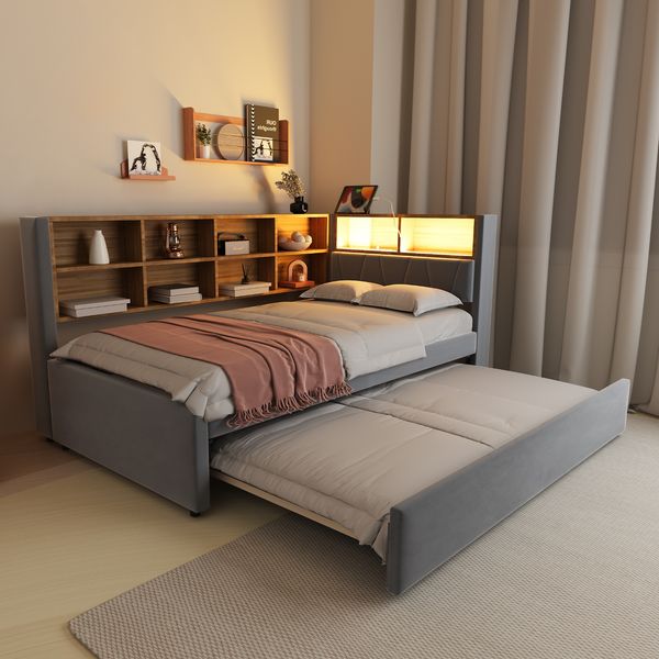 Ausziehbett 90/180×200/190 cm mit LED, Stauraum und Ladeanschlüssen, Dunkelgrau, ohne Matratze