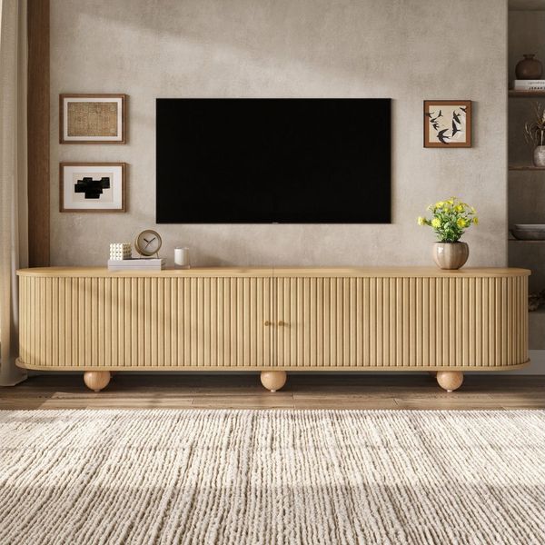 BlingBin TV-Schrank 180 x 35 x 45 cm Rundungen TV Lowboard, Fernsehschrank (1er Set, 1-St, Gewichtskapazität: 30kg) TV Möbel mit vertikal geriffelte Schiebetüren für Wohnzimmer, Natur