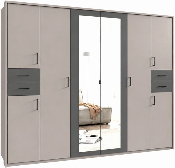Drehtürenschrank Kleiderschrank 273cm Passepartout Spiegel Sand Grau mit Grafit