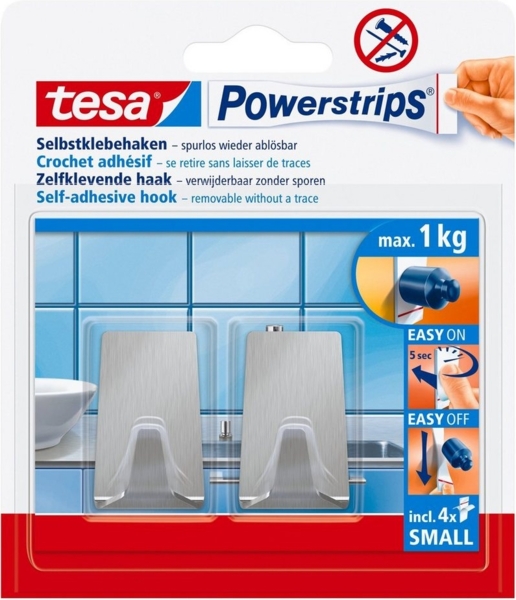 tesa Powerstrips Haken Small rechteckig, Edelstahl