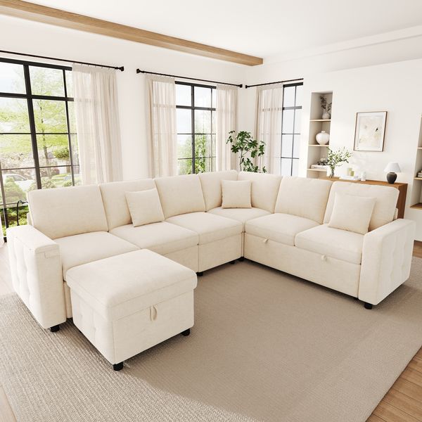 Merax L‑förmiges XXL‑Ecksofa für 7 Personen, ausziehbares und umwandelbares Schlafsofa mit Schlaffunktion, LED‑Leselampe, USB/Type‑C‑Anschluss, Armlehnen‑Stauraum, Klapptisch, Getränkehalter &3 Kisse, Beige