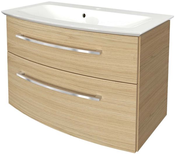 FACKELMANN B.STYLE Waschbecken mit Unterschrank 83 cm breit, Braun, Waschbecken Gussmarmor Weiß