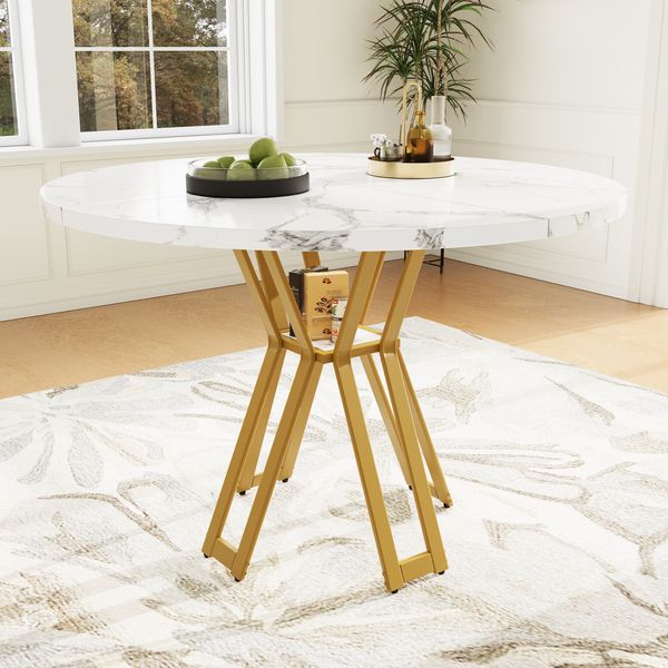 Runder Esstisch (100 x 100 x 76 cm), leichter und luxuriöser runder Tisch für 4-6 Personen, geeignet für Esszimmer und Wohnzimmer, goldene Beine, marmorierte Tischplatte aus MDF