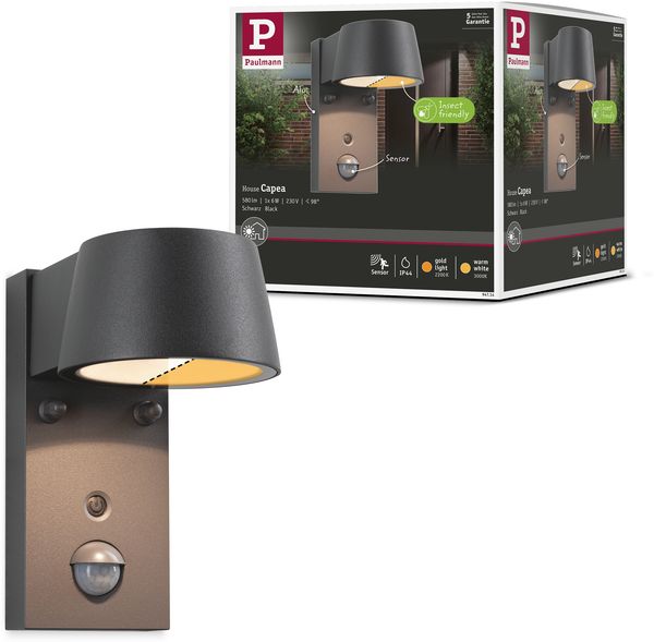 Paulmann 94714 LED Außenwandleuchte Capea Schwarz IP44 mit Sensor Goldlicht Bild 5