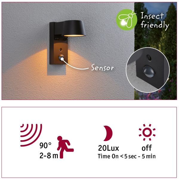 Paulmann 94714 LED Außenwandleuchte Capea Schwarz IP44 mit Sensor Goldlicht Bild 3