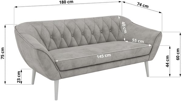 Sofa, Wohnzimmersofa PIRS 3, Skandinavisches Sofa 3-Sitzer, Sofa mit Wellenfederung, weiße Füße, Breite 180 cm Hoher Sitzkomfort - Hellgrau Velvet Bild 5