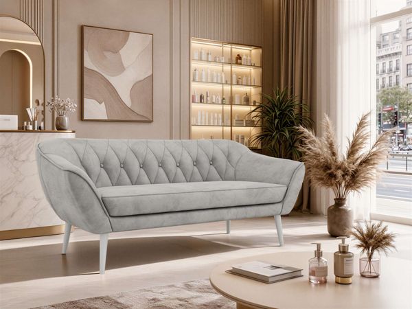 Sofa, Wohnzimmersofa PIRS 3, Skandinavisches Sofa 3-Sitzer, Sofa mit Wellenfederung, weiße Füße, Breite 180 cm Hoher Sitzkomfort - Hellgrau Velvet