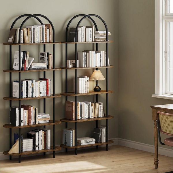 GarveeMore Standregal Bücherregal in Bogenform aus Metall und MDF mit 5 Ablagen, 2-tlg, Schwarz und Vintage Holzoptik, ca. 80 × 30 × 180 cm