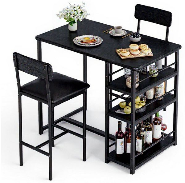 GarveeMore Essgruppe Ktichen Tisch mit 2 Stühlen für Küche & Esszimmer, Bartisch Esstisch mit 2 Gepolsterter Sitz und 3 Ablagen