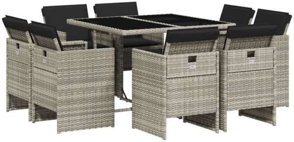 vidaXL 9-tlg. Garten-Essgruppe mit Kissen Hellgrau Poly Rattan 3210659