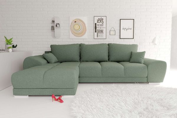 99rooms Antalya Ecksofa Strukturstoff NEVE Salbeigrün Links mit Schlaffunktion