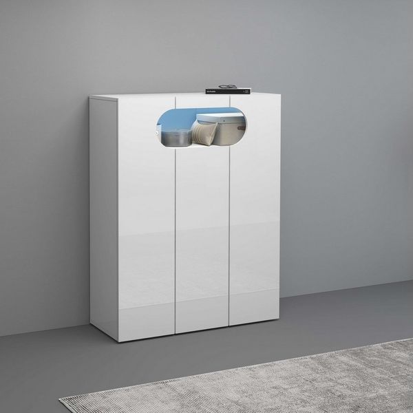 INOSIGN Schuhschrank Real,Schuhschrank,Schuhkommode,Schuhregal,Breite 90 cm komplett Hochglanz lackiert, 3 Türen mit offenem Fach in ovaler Form