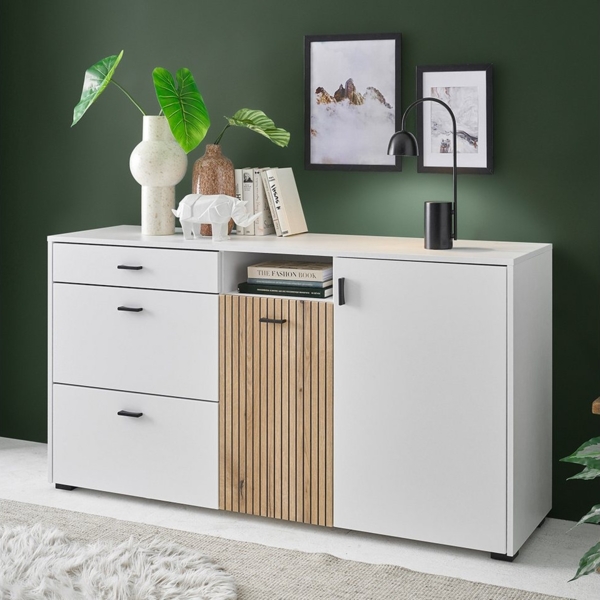 Lomadox Kommode HUNTER-61, weiß matt Eiche gerillt Anrichte Sideboard Schrank 150 x 79,6 x 42 cm