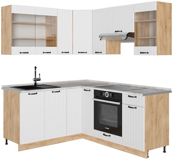 Eckküche Fame-Line Weiß Landhaus 190 x 60 cm , AP Marmor Vicco