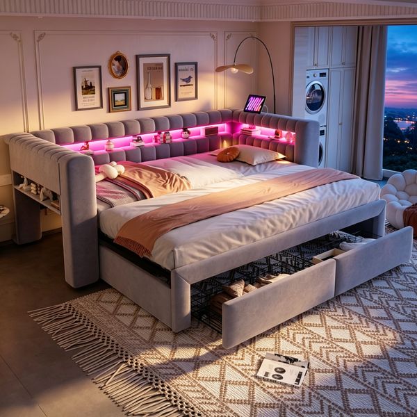 Merax Polsterbett Schlafsofa 90/180 × 190 cm, Mit Ausziehbarem Bett und Schubladen, Integrierten Staufächern, LED-Beleuchtung, USB- und Typ-C-Anschlüssen, Samtstoff Hellgrau