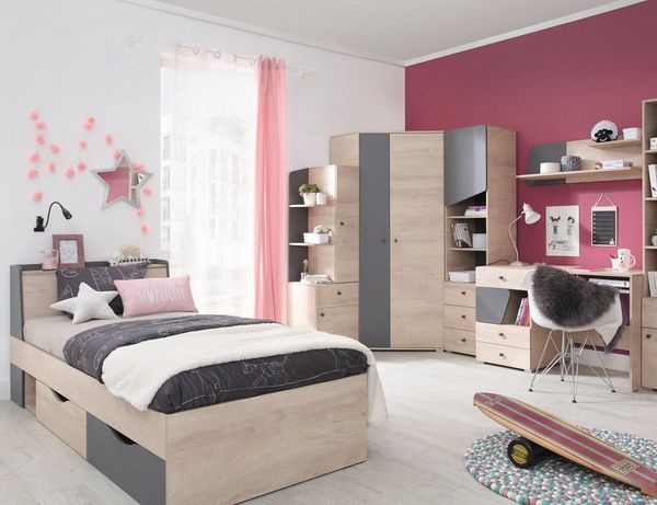 QMM TraumMöbel Jugendzimmer-Set komplett Davis Set B, (Set, 6-tlg, Eckschrank, 2 Regale, Schreibtisch, Wandregal, Bett 200x90), Modern