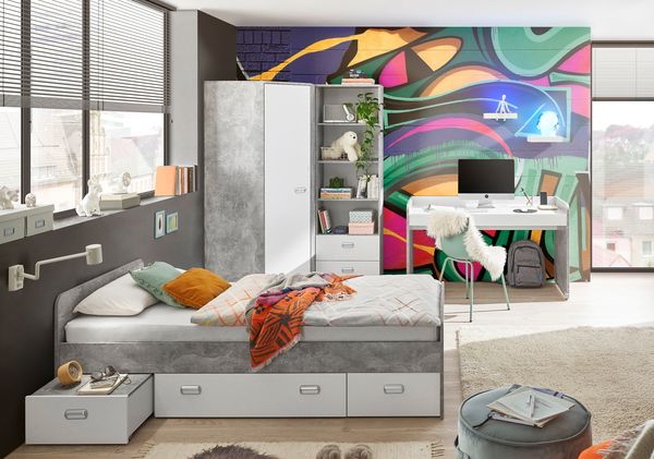 Jugendzimmer Matino 4 teilig in Beton hell und Weiß Kinderzimmer Komplett Set