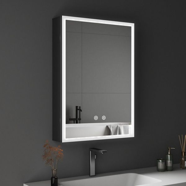 WDWRITTI Spiegelschrank Schwarz mit beleuchtung Hängeschrank 3Lichtfarben Dimmbar Anti-fog (Badezimmerspiegelschrank mit LED mit / ohnne Rasiersteckdose, Speicherfunktion, 1 türen 50x70cm, 40x60cm, Doppelseitiger Spiegel, Alu-Schranktür) Full Surround ...