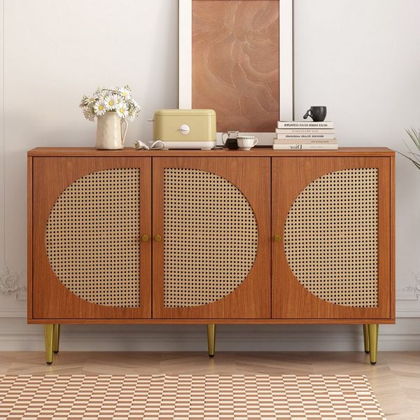 REDOM Sideboard Rattan-Sideboard mit 3 Türen und verstellbaren Regalen (Wohnzimmerschrank, Anrichte, einfach zu montieren), aus Walnuss-Holz