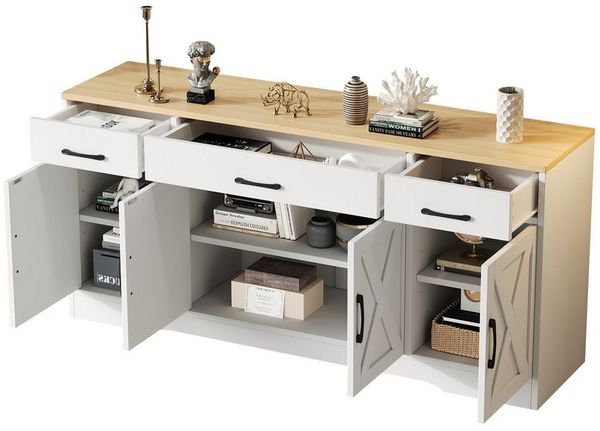 MODFU Sideboard Modernes Sideboard aus MDF (Wohnzimmerschrank, Aufbewahrungsschrank, Buffetschrank, Holzanrichte, 1 St, 4 Türen, 3 Schubladen), mit dreidimensionalen X-förmigen Linien