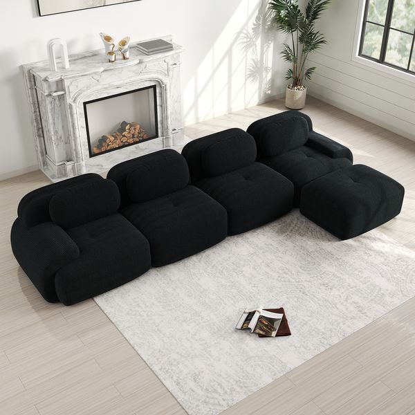 Modulares Ecksofa aus Cordstoff mit Chaiselongue, rahmenlos, 388 x 178 x 75 cm, schwarz