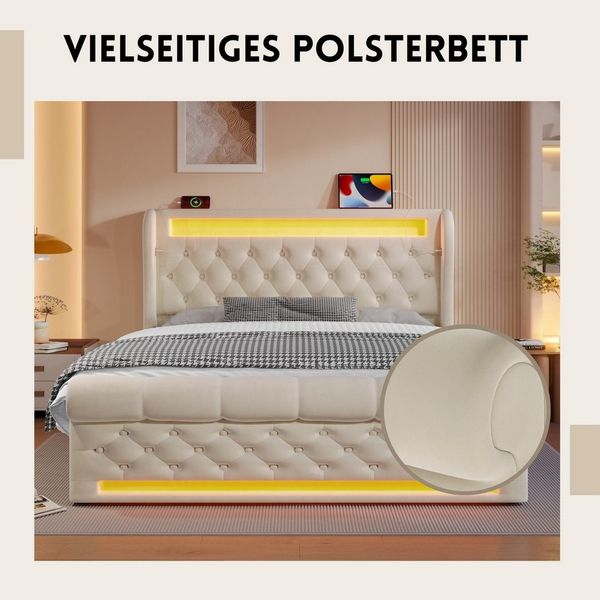 SeedWave Polsterbett Samt LED Hydraulisches Bett mit USB/Type-C Anschluss,90/140/160×200cm, Stauraumbett mit einstellbaren Lichtfarben