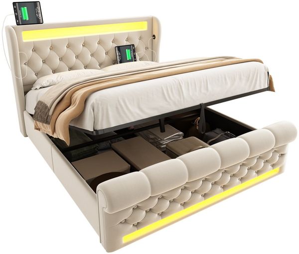 SeedWave Polsterbett Samt LED Hydraulisches Bett mit USB/Type-C Anschluss,90/140/160×200cm, Stauraumbett mit einstellbaren Lichtfarben