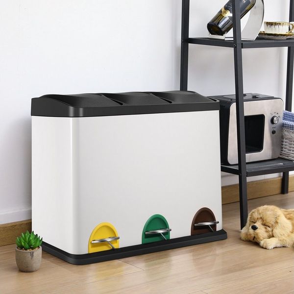 TLGREEN Mülltrennsystem Mülleimer 3 Fächer,45L Tretmülleimer,Abfalleimer Küche, Tretpedale,Inneneimer mit Griff, Stahl