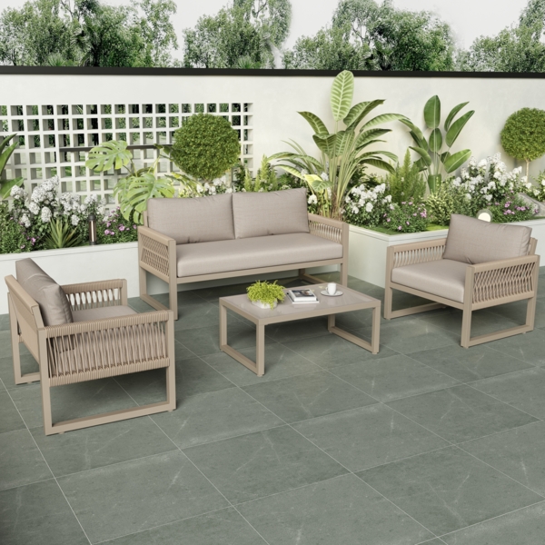 Merax Garten-Lounge-Set mit verzinktem Eisenrahmen, Gartenmöbel-Set aus Seil, khakifarbenem Seil mit Sitzkissen, verstellbaren Füßen, 4er-Set