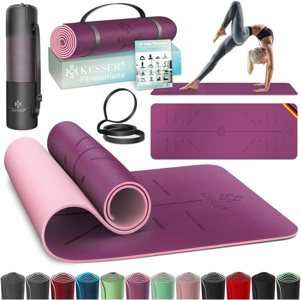 KESSER® Gymnastikmatte mit Tragegurt rutschfest TPE Yogamatte Gepolstert & rutschfest Fitnessmatte , 183x61 Trainingsmatte für Fitness Sportmatte, Pilates & Gymnastik Workout extradick Lila