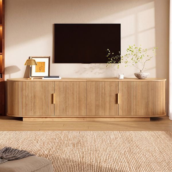 Merax TV-Schrank, Lowboard, Wellenstruktur, Spanplatte+MDF-Korpus, Metallgriffe, 4 Türen, geräumiger Stauraum, Natur