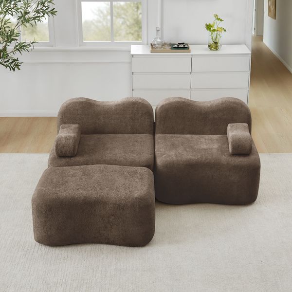 Ecksofa modular in Braun, Samtbezug, extra tiefe Sitzfläche, Wellenform, mit Ottoman, rahmenlos,70x192x167 cm