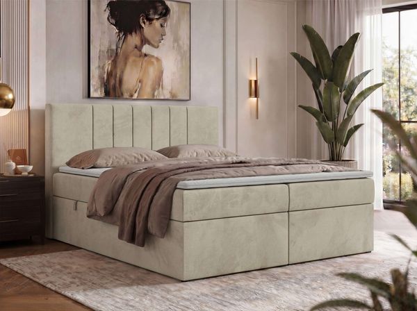 Boxspringbett INERO 160x200 mit Matratze H4 und Topper T25, 7-Zonen-Multipocket-Kern, zwei Bettkästen, Doppelbett, gepolstert Kopfteil - Beige Velvet