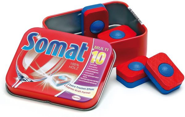 Erzi 21205 Geschirrspültabs Somat aus Holz in der Dose, Kaufladenartikel für Kinder, Rollenspiele