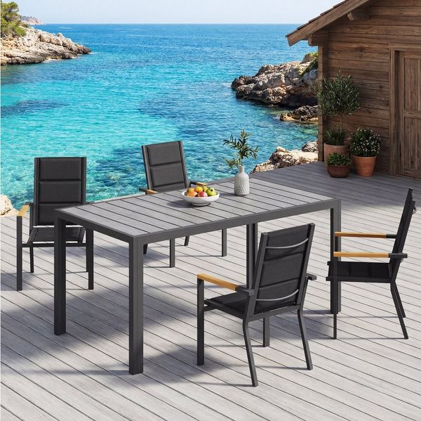 GUNJI Gartentisch 150/180x80cm Aluminiumtisch, Balkontisch, Outdoor-Esstisch (100kg Belastbarkeit, für mehrere Personen, Holzoptik, wasser-sonnenschutzfest & pflegeleicht)