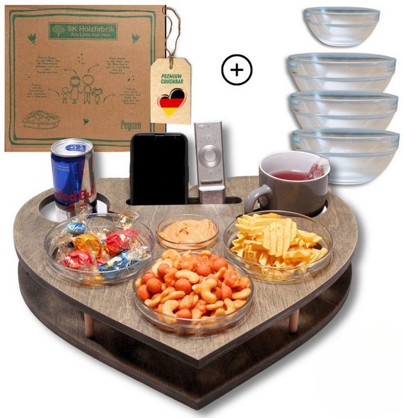 PEGSEN Servierplatte Couchbar Snackbox Herz mit 4 Snackschalen Sofa Tablett, Birkenholz, (lebensmittelechte Glasschalen), passend für Kaffeetassen, Weingläser & 0,5l Flaschen