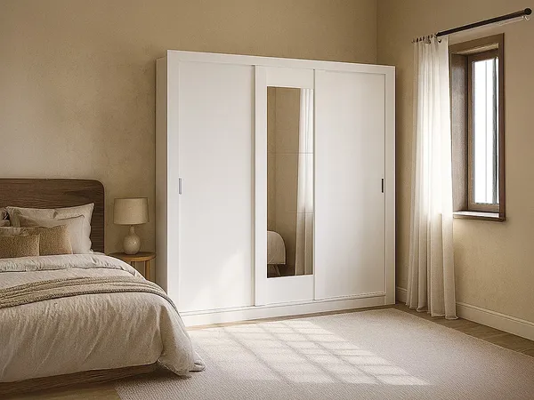 Vente-unique - Kleiderschrank mit Spiegel - B. 220 cm - Weiß - ROXANE