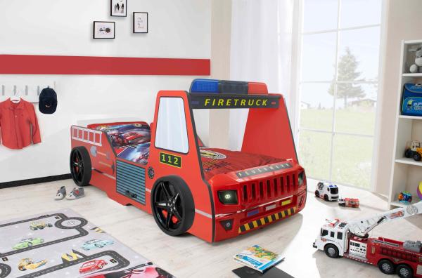 Autobett Kinder 90x200 cm Feuerwehrbett "Rio Firetruck" mit LED-Licht und Sirenenoptik Rot, ohne Matratze, mit Bettwäsche, ohne Wandregal
