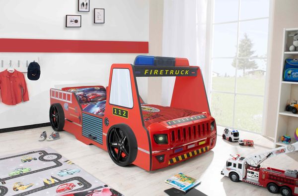 Autobett Kinderbett 90x200 Feuerwehrbett "Rio Firetruck" Hochglanz mit LED Leuchte Rot