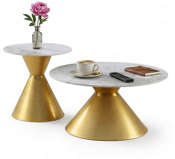 HOOZ Couchtisch Couchtisch rund 2er Set Keramik, Beistelltisch stapelbar 80/50 cm Gold (Set, 2× Couchtisch), Keramik-Tischplatte, Marmor-Optik, pflegeleicht