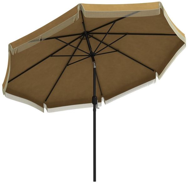 Outsunny Sonnenschirm mit Fransen, neigbar, LxB: 265x265 cm, Strandschirm, Terrassenschirm, für Garten, Balkon, Khaki