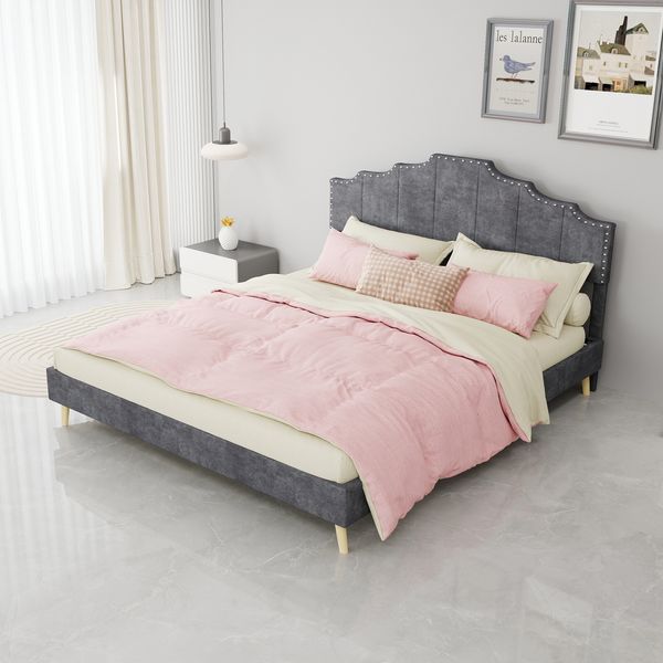 Modern minimalist soft bed, comfortable and soft headboard, 160*200CM, gray, multifunctional bedroom furniture, bed frame with low box does not include pneumatic rod, does not include mattress.